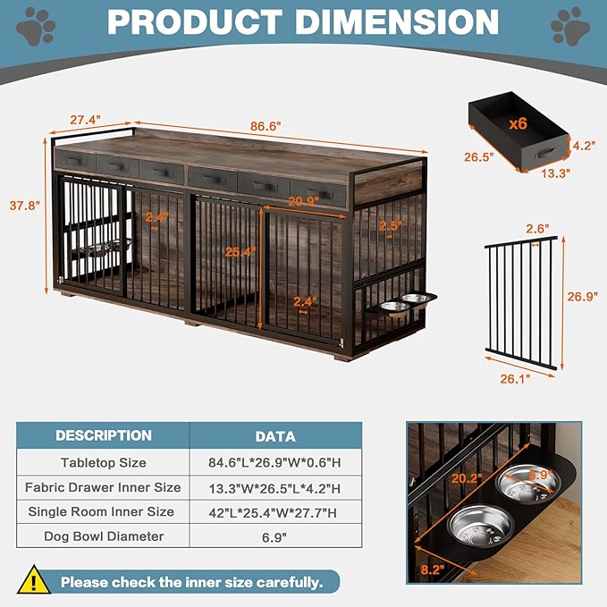 86.6Inch Large Double Dog Crate Furniture,Heavy Duty Metal Frame Dog Crate Kennel with Adjustable Feeder Bowls and Removable Divider&amp;Drawers,Chew-Resistant Dog Kennel for 2 Dogs Indoor