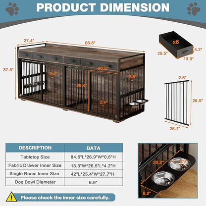 86.6Inch Large Double Dog Crate Furniture,Heavy Duty Metal Frame Dog Crate Kennel with Adjustable Feeder Bowls and Removable Divider&amp;Drawers,Chew-Resistant Dog Kennel for 2 Dogs Indoor