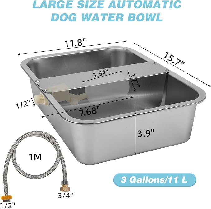 3 Gallon Automatic Dog Water Dispenser, Large Dog Water Bowl Dispenser for Outdoor, Stainless Steel Pet Bowl for Waterer Auto Fill Pet Waterer for Livestock Dogs Cats Chicken Fit 3/4&