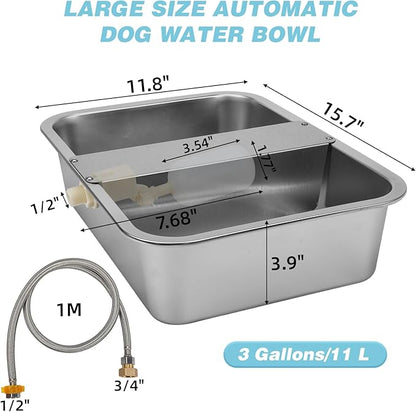 3 Gallon Automatic Dog Water Dispenser, Large Dog Water Bowl Dispenser for Outdoor, Stainless Steel Pet Bowl for Waterer Auto Fill Pet Waterer for Livestock Dogs Cats Chicken Fit 3/4&