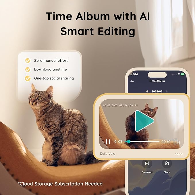 2K Pet Camera Treat Dispenser, AI Photo Album, Dog Camera with 360° Auto Tracking &amp; 5G/2.4G WiFi, 2-Way Talk, Remote Treat Tossing, Motion Alerts for Cats Indoor