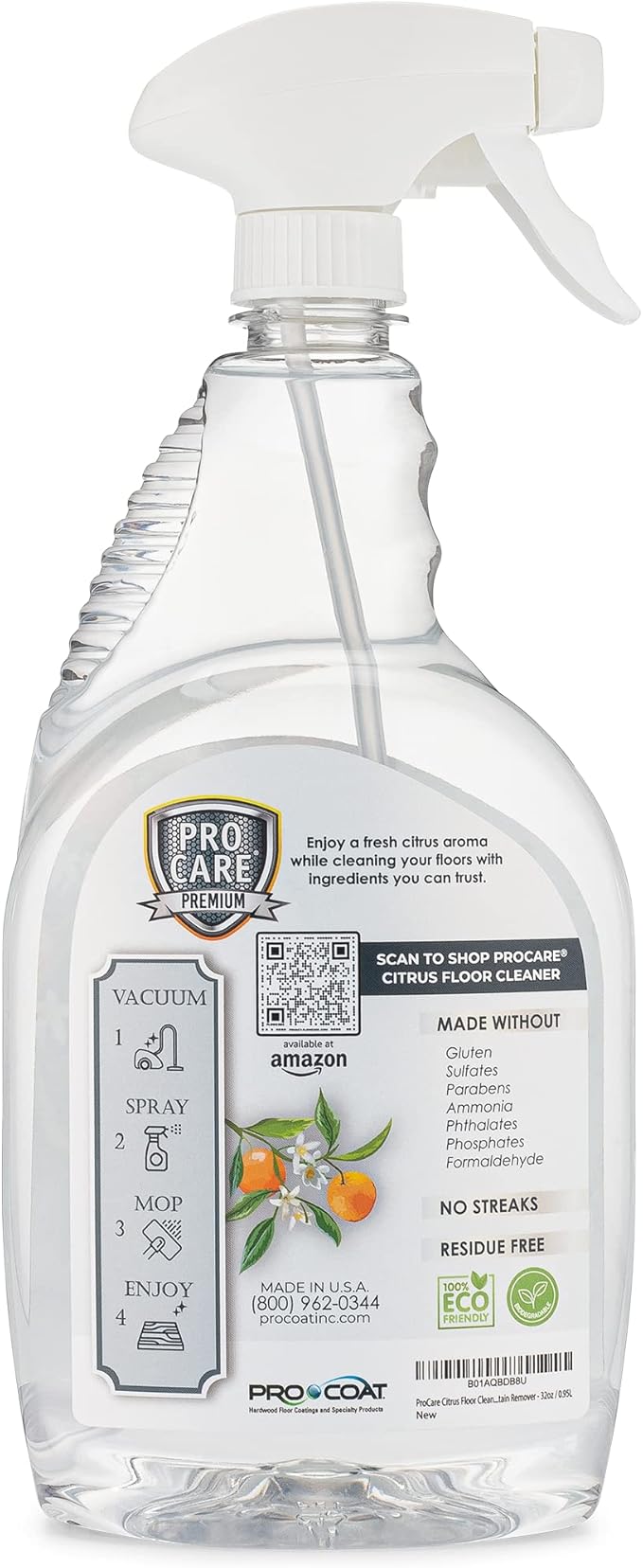 ProCare Citrus Floor Cleaner (Made in USA) | Tile, Stone, Laminate, Vinyl &amp; Natural Wood Floor Cleaner for Mopping, Floor Cleaning Solution with Citrus Aroma - 32oz / 0.95L Spray Bottle