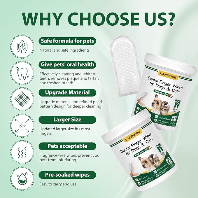 LANBEIDE Updated Larger Pet Teeth Cleaning Wipes for Dogs &amp; Cats, Dog Dental Wipes No-Rinse Dog Finger Toothbrush for Reducing Plaque &amp; Tartar, Breath Freshener Dental and Gum Care Pet Wipes 50 Counts