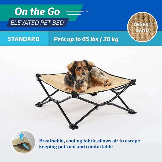 Coolaroo On-The-Go Elevated Dog Bed - Foldable Pop-Up Travel Dog Bed with Breathable, Moisture-Resistant Fabric, Carry Bag Included, Lightweight &amp; Portable, Desert Sand, Standard