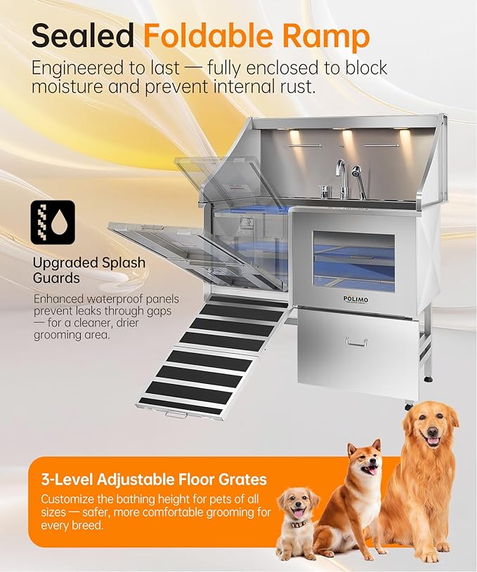 polimo Dog Washing Station, LED Professional Stainless Steel Dog Bathing Station 38", Dog Grooming Tub for Large, Medium &amp; Small Dog - with Window, Ramp, Drawer, Floor Grate &amp; Faucet (Left RAMP, 38")