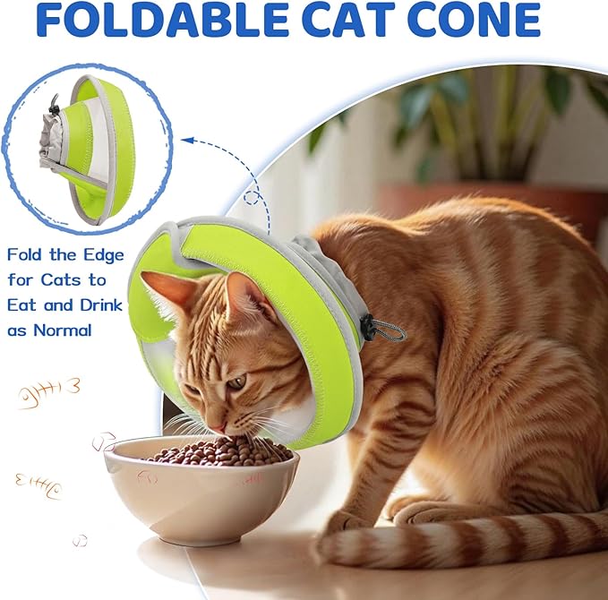 Breathable Air Mesh Cat Cone Collar Soft to Stop Licking, Adjustable, Foldable Lightweight Kitten Cones After Surgery Recovery for Cats &amp; Kittens (Yellow Green,M)