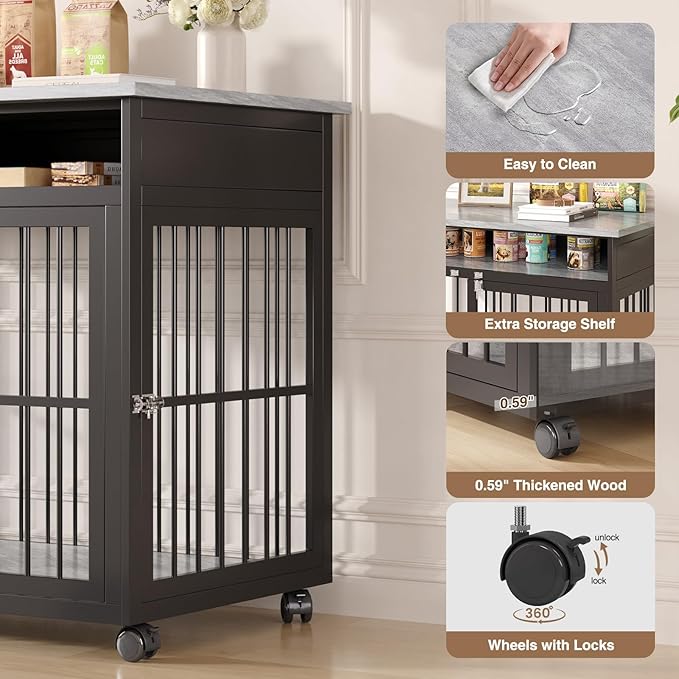 39.4" Dog Crate Furniture for Medium and Large Breed, Dog Kennel Furniture with Storage Shelf &amp; Lockable Wheels, Heavy Duty Wooden End Side Table Pet Cage Indoor, Chew-Resistant, Grey