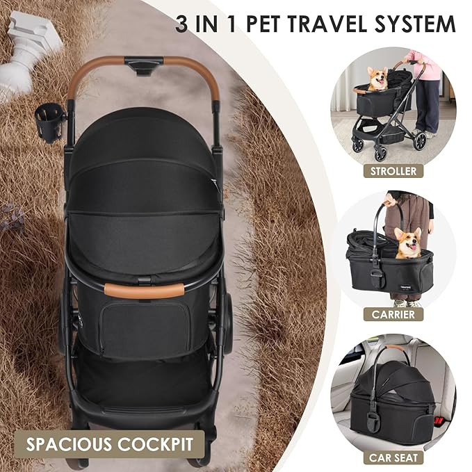 T6 Luxury Pet Stroller for Medium Dogs Up to 66lbs or 2 Small Pets – 3-in-1 Dog &amp; Cat Stroller with Removable Carrier, Foldable &amp; Lightweight (Black)