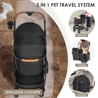 T6 Luxury Pet Stroller for Medium Dogs Up to 66lbs or 2 Small Pets – 3-in-1 Dog &amp; Cat Stroller with Removable Carrier, Foldable &amp; Lightweight (Black)