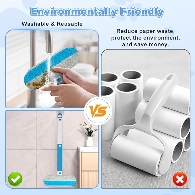 Multifunctional Pet Hair Remover Tool, 4 in 1-Reusable Washable Long Handle Dog&amp;Cat Fur Hair Remover for Furniture,Carpet,Couch,Clothes,Bedding,Car,Window,Better Than Lint Rollers, with 2 Scrapers