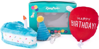 ZippyPaws Birthday Box - Dog Squeaky Toys to Keep Them Busy, Funny Food Plush for Small, Medium, &amp; Large Dogs, Cute Stuffed Puppy Toy &amp; Hat, Pet Products, Gift for Dogs of All Breeds - 3-Pack