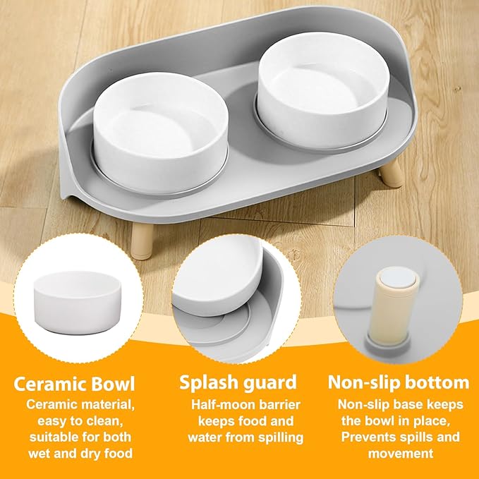 Elevated Dog Bowls Set, Ceramic Pet Food &amp; Water Bowls with Non-Slip Stand, No Spill Design for Cats/Small Medium Dogs Gray