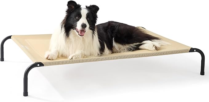 Bedsure Outdoor Elevated Dog Bed Large Sized Dog, Portable Indoor &amp; Outdoor Cooling Raised Cot Pet Hammock Bed with Skid-Resistant Feet, Frame with Breathable Mesh, Khaki, 49 inches