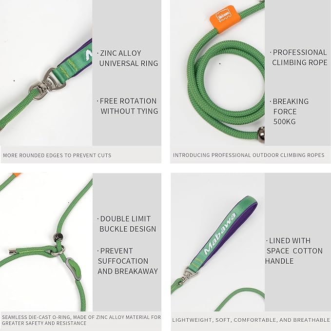 Dog Anti-Slip Leash 5FT with Metal Stopper - Durable No-Pull Training Lead for Small, Medium &amp; Large Dogs - Comfortable Handle Nylon Rope, Tangle-Free Pet Walking Leash (Green, 5 FT)