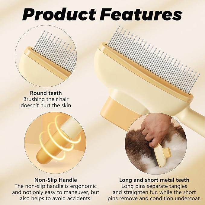Flea Combs for Cats and Dogs with Release Button,Long &amp; Short Stainless Steel Teeth for Deshedding, Fine Tooth Pet Brushes for Grooming Pet Hair Removal for Long and Short Hair 2 Pack