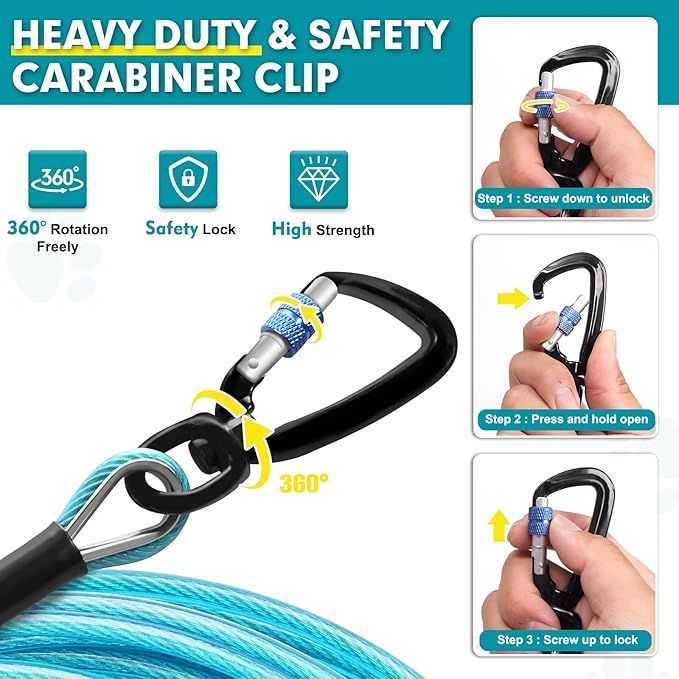 Snagle Paw Dog Leads for Yard 50FT-1000LBS Break Strength,Heavy Duty Tie Out Cable for Dogs with Swivel Lockable Hook &amp; Spring,Chew Proof Dog Chain for Outside,Dog Run Cable for Medium Large Dogs