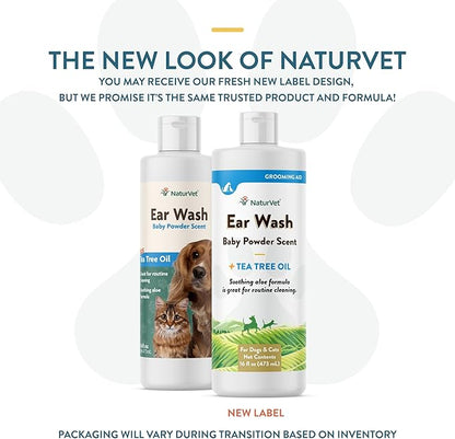 NaturVet Ear Wash Liquid Supplement for Dogs &amp; Cats – Pet Health Supplement Cleans Dog, Cat Ear Canals – Includes Aloe, Tea Tree Oil – Helps Remove Pet Ear Wax, Dirt, Debris – 16 Oz.