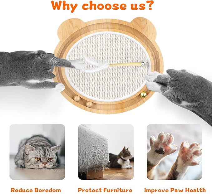 3-in-1 Cat Toys, Scratcher, Toys for Indoor Cats, Natural Sisal Scratching Board, Kitten Interactive with Ball Track &amp; Retractable Wand Toy &amp; Feather