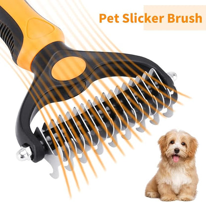 Pet Grooming Tool - 2 Sided Undercoat Rake for Cats and Dogs - Safe Dematting Comb for Easy Mats &amp; Tangles Removing - No More Nasty Shedding and Flying Hair