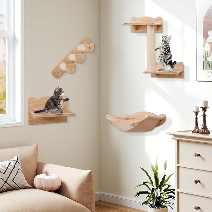 Tangkula Cat Wall Shelves, Wall Mounted 4pcs Kitten Furniture Set with Hammock, 2-Step Kitty Tree, Perch, Non-Slip Carpet Mat, Sisal Stairs &amp; Scratching Posts, Wooden Cat Climber Steps (Natural)