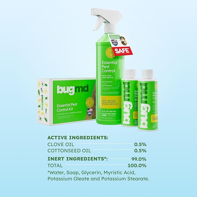 BugMD Ant Killer &amp; Bug Spray - Roach and Cockroach Killer Indoor, Spider Spray for Home, Fly and Insect Defense, Natural, Safe with Essential Oils, Plant-Powered, Pest Control - Starter Kit