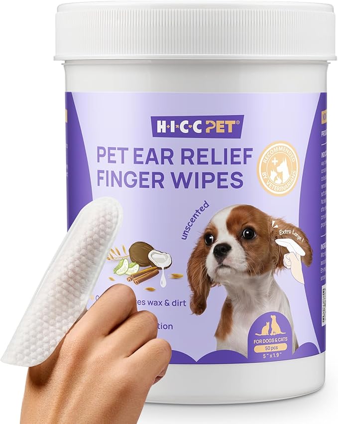 HICC PET Dog Ear Finger Wipes, Ear Cleaner Wipes for Dogs &amp; Cats, Dog Ear Infection Treatment to Relief Itching &amp; Inflammation, Remove Wax, Dirt &amp; Stop Smelly, Non-Irritating, 50ct(Unscented)