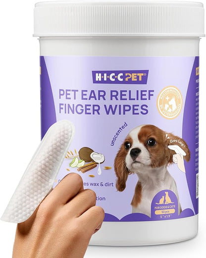 HICC PET Dog Ear Finger Wipes, Ear Cleaner Wipes for Dogs &amp; Cats, Dog Ear Infection Treatment to Relief Itching &amp; Inflammation, Remove Wax, Dirt &amp; Stop Smelly, Non-Irritating, 50ct(Unscented)