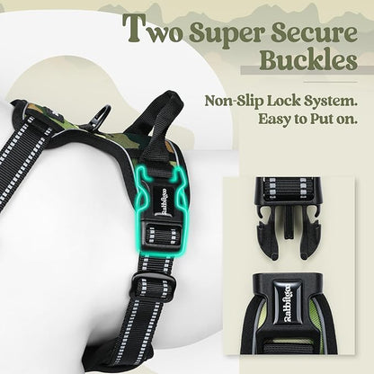 rabbitgoo Dog Harness No Pull with 2 Leash Clips, Adjustable Soft Padded, Reflective Oxford No Choke Pet Vest with Easy Control Handle for Large Dogs, Green Mountain,L