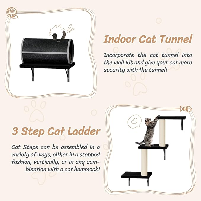 NUNU LAB Wall Mounted Cat Furniture, 7 Pcs Cat Wall Shelves with House, Tunnel, Bridge, Steps, Scratcher, Hammock, Bed, Indoor Safe &amp; Stable Furniture for Kittens Play, Black