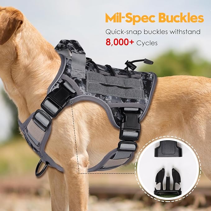 Heavy-Duty Tactical Dog Harness for Large Dogs, No Pull Adjustable Reflective Pet Vest with Molle System, K9 Military-Grade Control for Service Training, Outdoor &amp; 10+ Breeds, Gray Camo, Medium