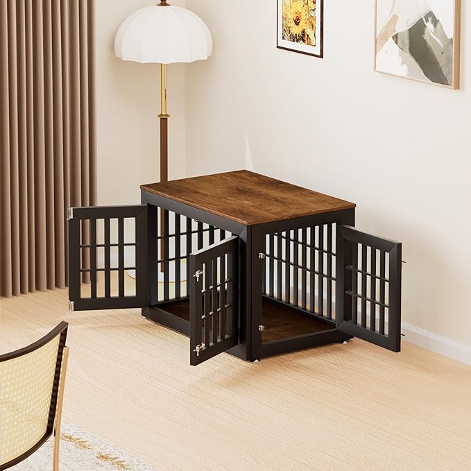 38" Heavy Duty Dog Crate Furniture for Small,Medium and Large Dogs,Rustic Wooden Dog Cage Kennel Indoor Furniture with Waterproof Top,Decorative Pet House Side End Table (Black &amp; Wood)