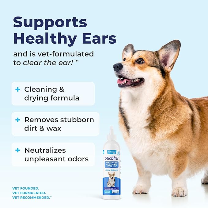 Vetnique Oticbliss Cat &amp; Dog Ear Cleaners: Medicated Dog Ear Drops for Infection, Antiseptic Flush, &amp; Wipes to Reduce Itchy Ears &amp; Head Shaking - Vet Recommended for Itchy Ears (8oz, Flush)