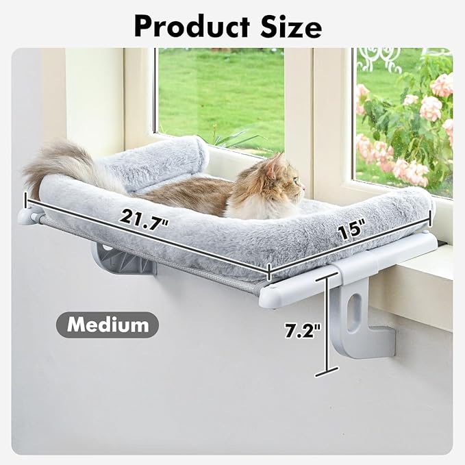 Cat Window Sill Perch with Large Bolster, Easy to Adjust &amp; Assemble Cat Window Seat for Windowsill &amp; Bedside, Pet Hammock Bed for Large Cats and Kittens (Grey, M)