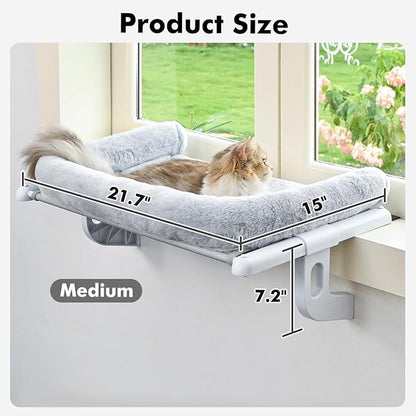 Cat Window Sill Perch with Large Bolster, Easy to Adjust &amp; Assemble Cat Window Seat for Windowsill &amp; Bedside, Pet Hammock Bed for Large Cats and Kittens (Grey, M)