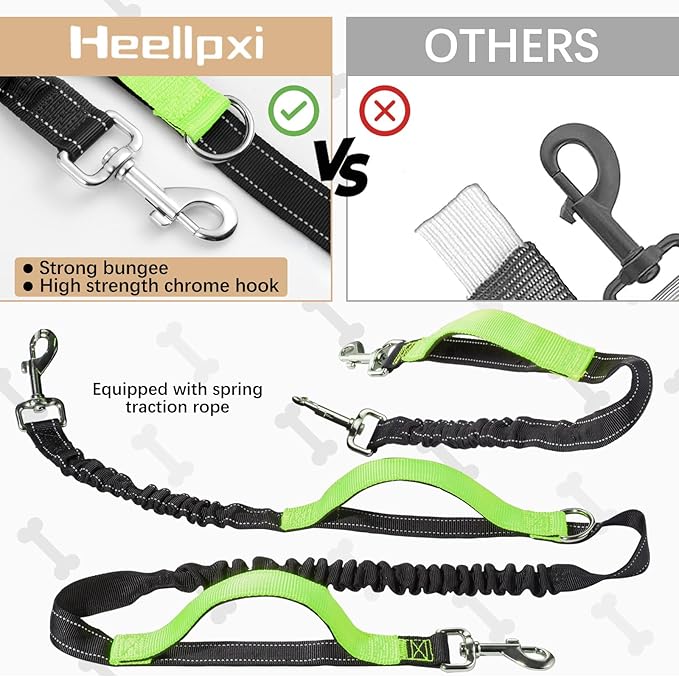 Hands-Free Waist Leash with Pouch for Two Dogs: Reflective Stitching, Dual Handle &amp; Bungee Retractable Design – Ideal for Medium to Large Dogs (Green) – Dog Walking Accessories