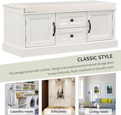 Storage Bench with 2 Drawers and 2 Cabinets, Pine Wood Shoe Bench with Removable Cushion for Living Room, Entryway 42.5" L x 15.9" W x 17.5" H (White)