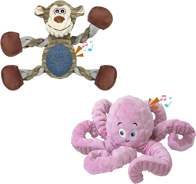 2Pack Dog Toys for Large Dog - Plush Squeaky Medium &amp; Small Dog Toys - Stuffed Animals Puppy Toys - (Monkey+Octopus Pink)
