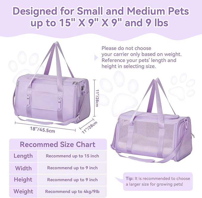 PETSFIT Soft-Sided Cat Carriers &amp; Car Seats with Patent Safe Buckles, Clip-On Harness, 18"x11"x11" Airline Approved Pet Carrier - 9 lbs Capacity (Purple)