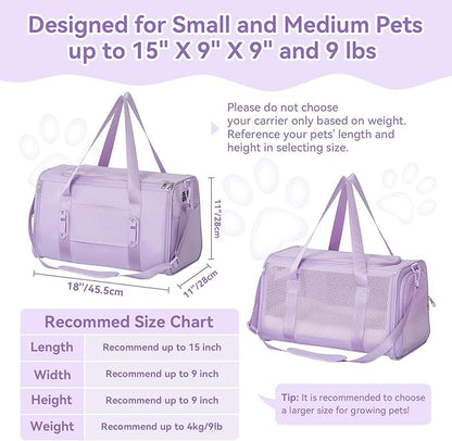 PETSFIT Soft-Sided Cat Carriers &amp; Car Seats with Patent Safe Buckles, Clip-On Harness, 18"x11"x11" Airline Approved Pet Carrier - 9 lbs Capacity (Purple)