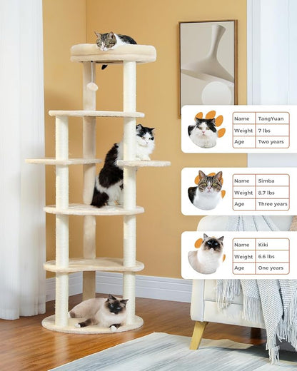 PETEPELA 61" Cat Tree for Indoor Cats, [6-Levels] Cat Climbing Tower with 9 Sisal Scratching Posts and Replaceable Dangling Ball &amp;Top Perch, Beige