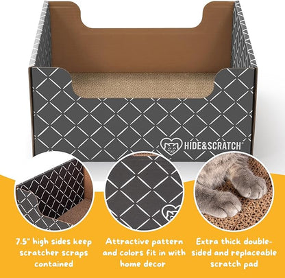 HIDE &amp; SCRATCH Cat Scratcher Box and Cat Bed with Refillable Double-Sided Cardboard Scratch Pad for Indoor Cats