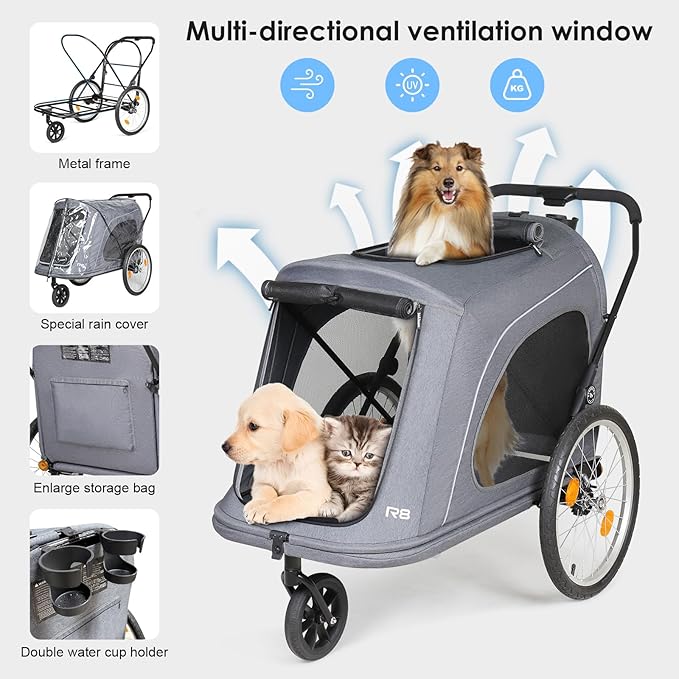 R8 Extra Large Foldable Pet Stroller, Dog Stroller &amp; Pet Trailer for Large Dogs Under 100 lbs, Unmovable, Disabled &amp; Pregnant Dogs - Conveniently Carriable by Bike and Car, Grey