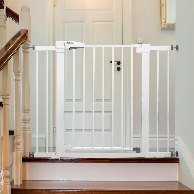 Babelio Metal Baby Gate, 29-43" Auto Close Easy Install Pet Gate, Extra Wide Walk Thru Child Safety Gate, 30" Tall Pressure Mounted Dog Gate for Doorways &amp; Stairs, White