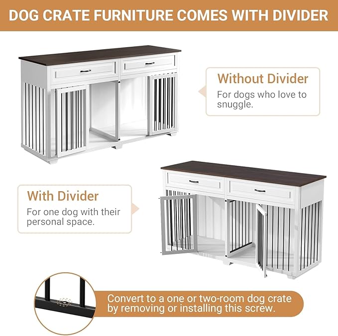 Large Dog Crate with Double Rooms, 72" Heavy Duty Wooden Dog Cage Furniture Dog Crate Kennel with Drawers &amp; Removable Divider,Indoor Luxury Dog House for Large Dogs,White