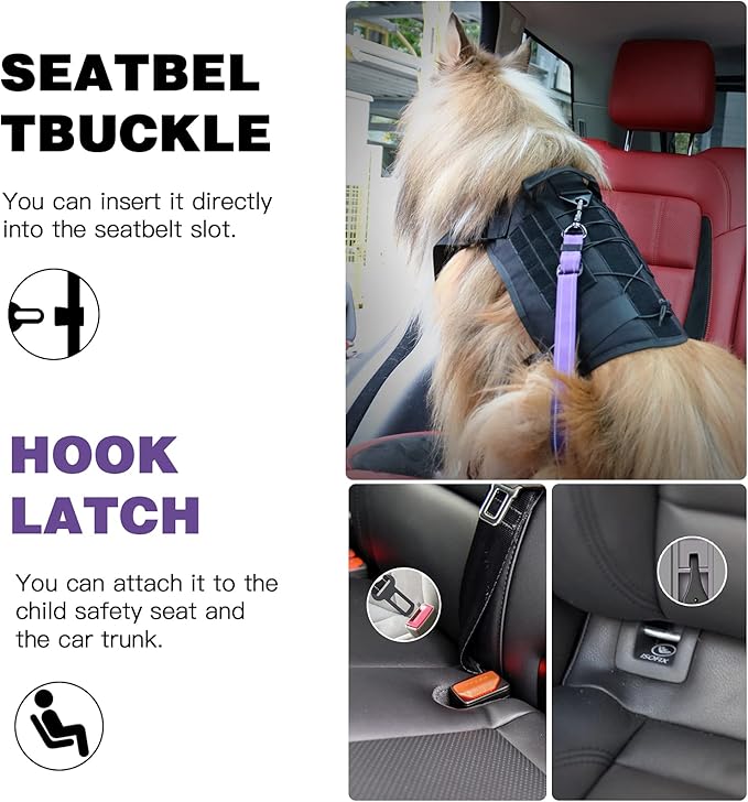 AUBELL Dog Seat Belt for Car,2 Pack Set 3-in-1 Adjustable Reflective Bungee Heavy Duty Dog Car Harness Tether with Clip Hook Latch &amp; Buckle,Swivel Zinc Alloy Carabiner,Black+Purple