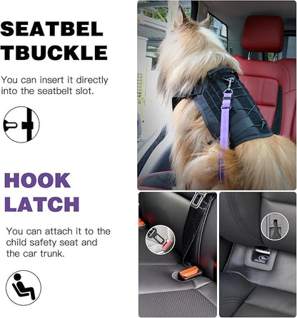 AUBELL Dog Seat Belt for Car,2 Pack Set 3-in-1 Adjustable Reflective Bungee Heavy Duty Dog Car Harness Tether with Clip Hook Latch &amp; Buckle,Swivel Zinc Alloy Carabiner,Black+Purple