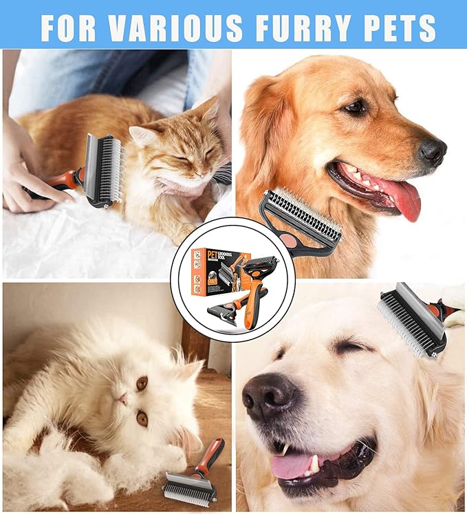 Spring Blossoms-2 in 1 Professional Grooming Rake for Cats &amp; Dogs-Dematting Comb for Easy Mats &amp; Tangles Removing,Pet Brush Safe No More Nasty Shedding and Flying Hair (Orange)
