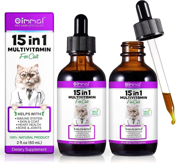 15-in-1 Multivitamin Drops for Cats - Immune Support, Skin &amp; Coat Health, Digestion, Joint Care - with Vitamins A, B, C, D, E - Liquid Supplement for All Life Stages, 2 fl.oz/60ml, 2 Pack