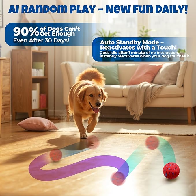 Dog Balls: Interactive Dog Ball Auto Rolling - Interactive Dog Toys for Aggressive Chewers - Bouncy &amp; Throwable, Type-C Rechargeable, Washable, for Small &amp; Medium &amp; Large Dogs – Red