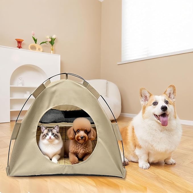 BreezyDen Pop-Up Pet Tent – Portable Hideaway for Cats &amp; Small Dogs, Portable Indoor/Outdoor Pet Tent House with Mesh Window, Waterproof, Breathable, Scratch-Resistant, Fully Washable (Brown,M)